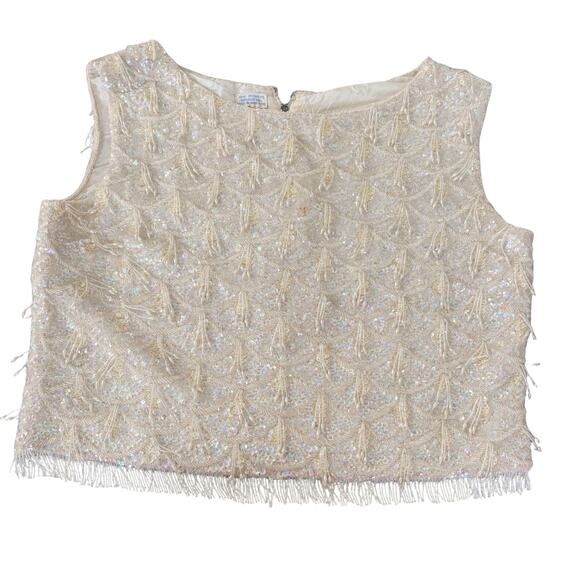 Vintage 60s Beaded Sequin Wool Top Flapper Fringe Holiday Party Cocktail Cream M - Picture 1 of 5